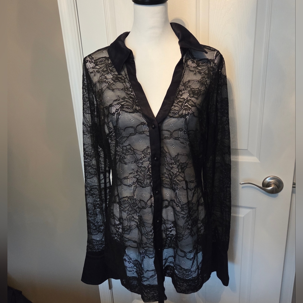 Black Lace Button-Up Blouse Free People X Large